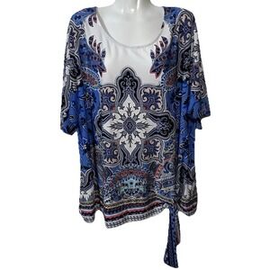 Roz & Ali Women's Tunic 2X Paisley Textured  Side Tie Short Sleeve Church Casual